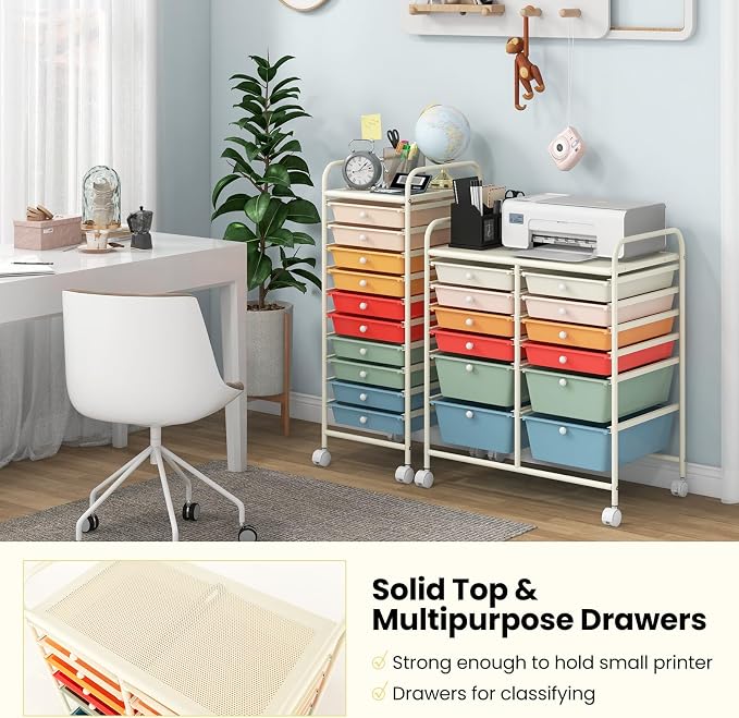 COSTWAY 12-Drawer Rolling Storage Cart, Moveable Art Craft Organizer | Lockable Wheels, Metal Shelf, Files Arrangement Tools Makeup Storage Cart for Office, Home, School (Macaron)