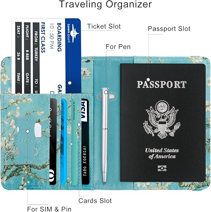 WALNEW Passport Holder for Travel, RFID Passport Cover Wallet for Women Men, PU Leather Passport Book Card Holder Case with Pen, Travelling Essentials for Flying | PU Leather Passport Cover Case with Pen Holder, Travel Must Haves Accessories, Passport ...