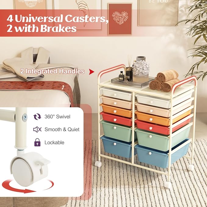 COSTWAY 12-Drawer Rolling Storage Cart, Moveable Art Craft Organizer | Lockable Wheels, Metal Shelf, Files Arrangement Tools Makeup Storage Cart for Office, Home, School (Macaron)