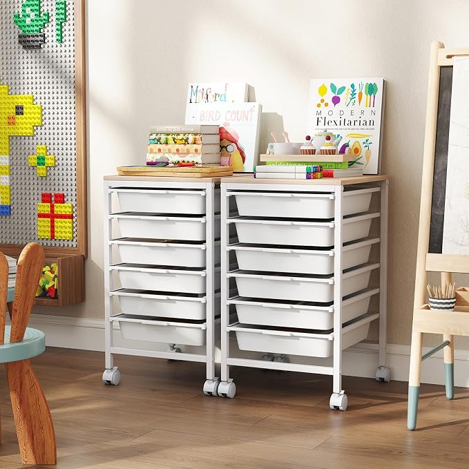 Giantex Rolling Storage Cart with 6 Drawers, Utility Cart w/Wooden Tabletop, Lockable Wheels, Multipurpose Organizer for Art Craft Books Paper, Drawer Carts for Dorm Classroom Office, White
