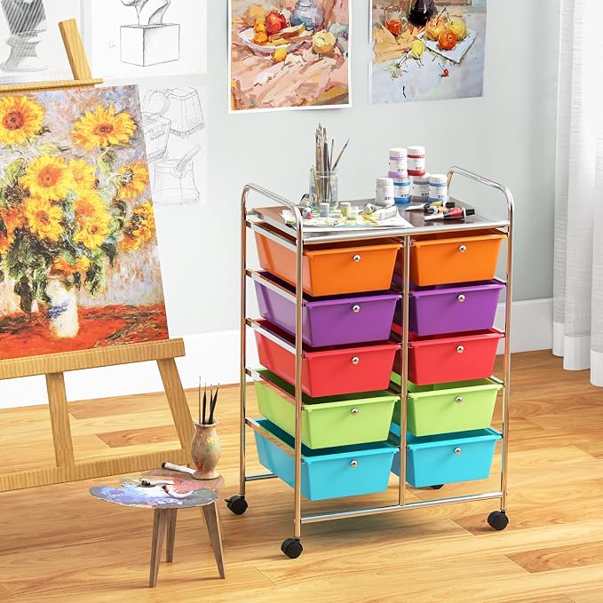 BECOMFORT 10-Drawer Rolling Cart with Drawers, Storage Cart on Wheels, Teacher Classroom Organizers with Metal Frame, Mobile Craft Cart, Trolley Utility Cart for School Office Play Room