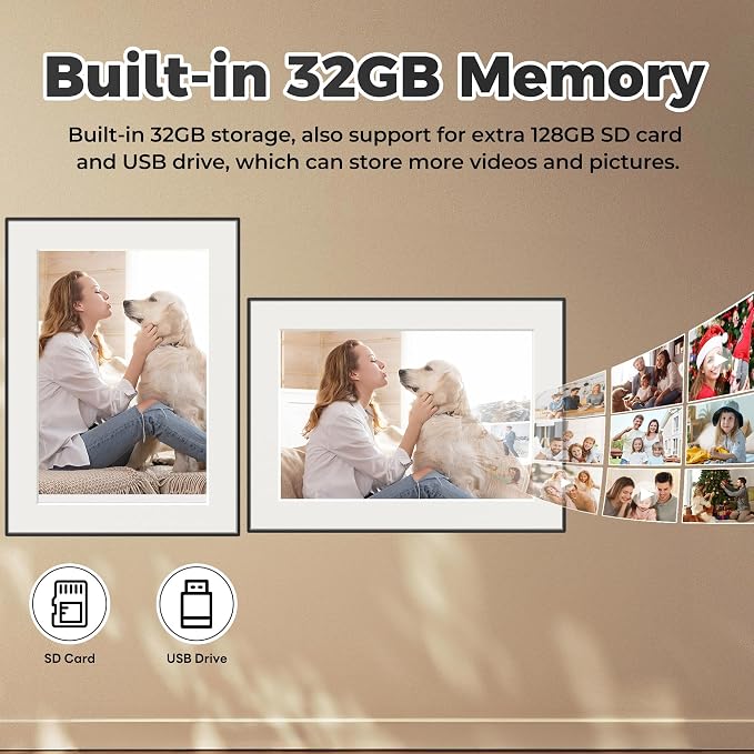 32GB WiFi Digital Picture Frame, 10.1 Inch Frameo Photo Frame,1280x800 HD IPS Touch Screen, Auto-Rotate, Share Photos/Videos Instantly via Frameo App from Anywhere, Wall Mountable.