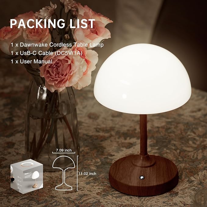 Mushroom Lamp Cordless Lamp Table Lamp,Outdoor Waterproof Shower Lamps,5000mAh Rechargeble Battery Operated Dimmable Touch Desk Lamps,LED Night Light for Bathroom Patio Camping Outdoor/Walnut