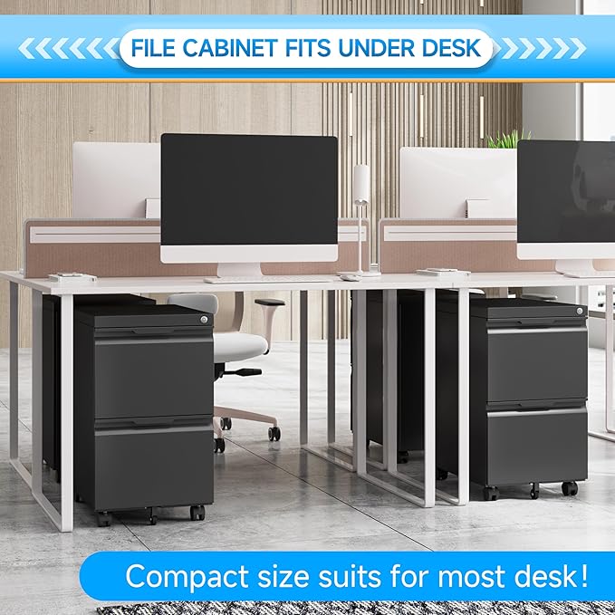 2 Drawer Mobile File Cabinet with Lock, Rolling File Cabinet with Wheels | Metal Small Filing Cabinet with Wheels for Home Office Storage, Fits Legal/A4/Letter/Document Size, Required Assembly, Black