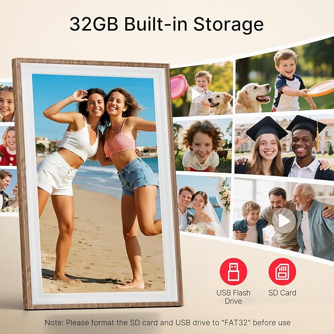 Frameo 10.1" Digital Picture Frame, Smart WiFi Digital Photo Frame with 1280x800 HD IPS Touch Screen 32GB Storage Auto-Rotate Wall Mounted, Share Photos/Videos Remotely(Brown&White)