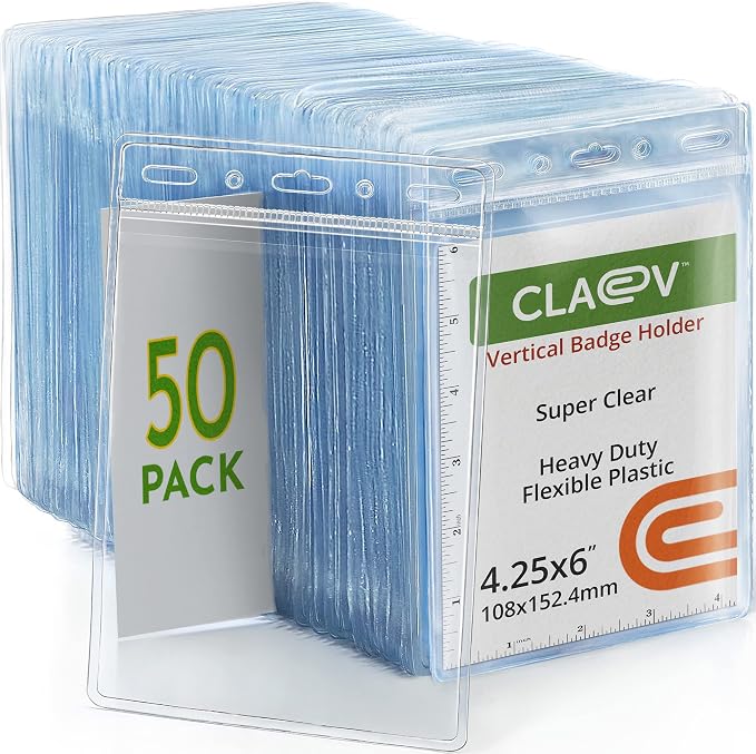 Claev Flexible and Tear Resistant Vertical 4x6 Passport & Card Holders (4x6 Extra Large (XXL), 50 Pack), Clear Zipperless ID Plastic Name Card Badge Holders for Travel, Conferences, Conventions | Bulk clear waterproof ID badge holders, fits 4 x 6 inser...