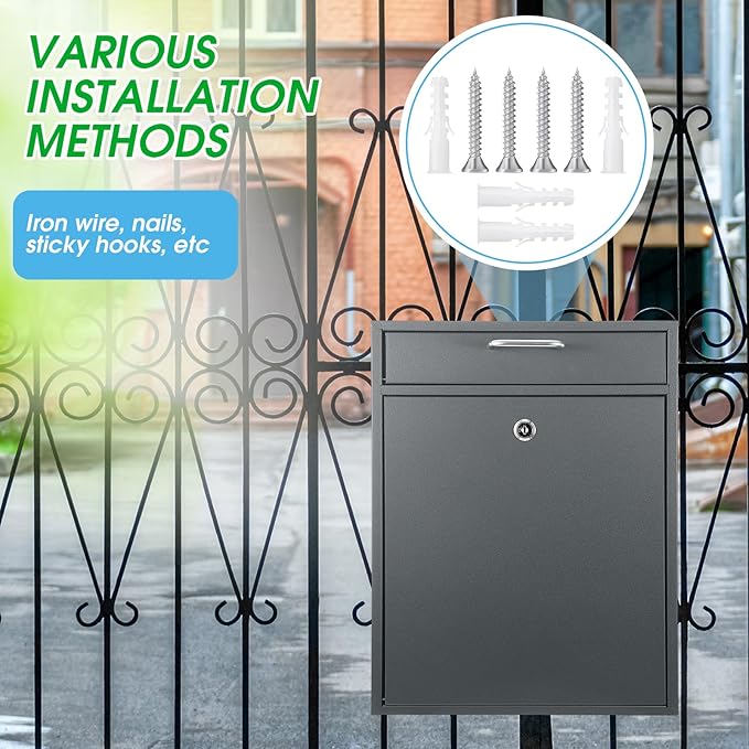 Yaocom Locking Mailbox with Key for Outdoor 18 x 15 x 7 Inches Large Wall Mount Mail Box with Lock Security Mail Drop Metal Collection Boxes Hanging Secure Postbox(Dark Gray)