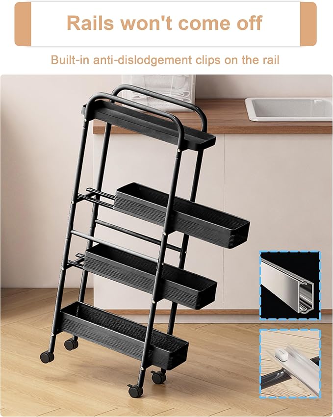 UMDONX 4-Tier Narrow Mobile Storage Cart with Pull-Out Baskets | The Multifunctional Pull-out Storage Rack Is Suitable for Bathrooms, Kitchens, and Laundry Rooms
