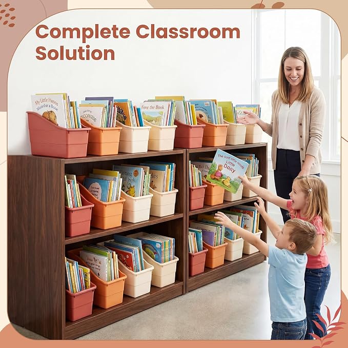 Blosssound 24 Set Book Bins for Classroom Stackable,Earth Tones | Plastic Baskets with Labels, Slanted Front, Library Supplies Organizers, Desktop Storage Bins, Teachers Home School Use