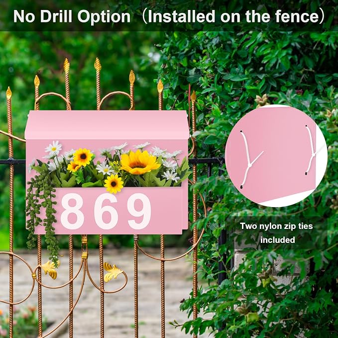 Wall-Mount Mailbox with Flag, Large Capacity Mailboxes for Outside House with Planter & 3 Sets of 0-9 Mailbox Number Stickers, Galvanized Steel Rust-Proof Post Box Metal Mail Box (Pink)