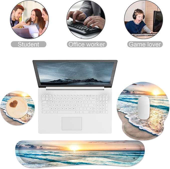 Ergonomic Mouse Pad with Wrist Rest and Keyboard Wrist Rest, Mousepad | Memory Foam Wrist Rest for Computer Keyboard, Pain Relief, Non-Slip Rubber Base, Mouse Pad Wrist Support for Gaming, Beach
