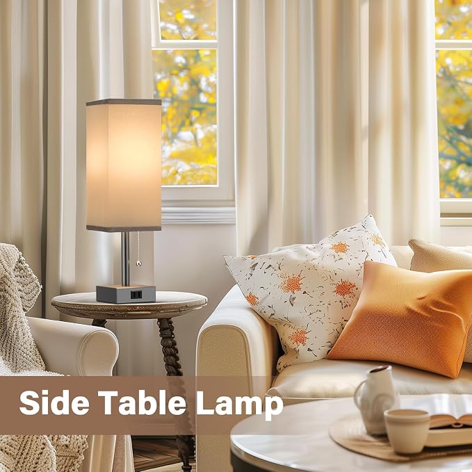 Bedside Lamp for Bedroom Set of 2 - Grey Table Lamp for Nightstand | AC Outlet, 3 Color Temperatures, LED Bulb Included, Pull Chain Design, 14" Rectangular Desk Lamp for Dorm/Office, 2-Pack