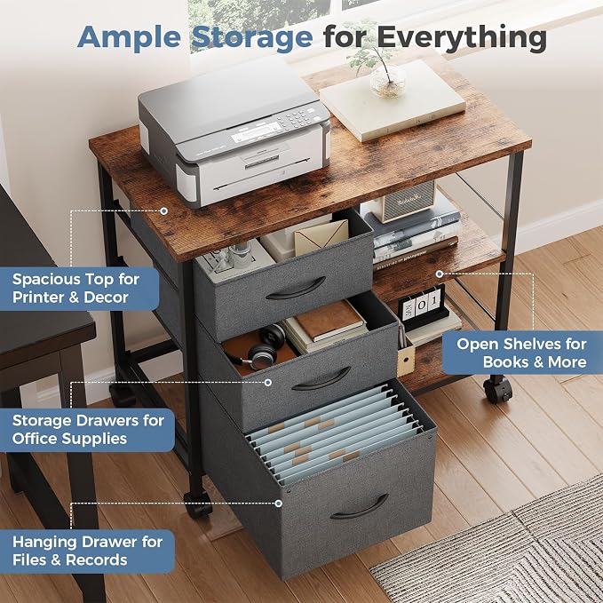 DUMOS 3 Drawer Mobile File Cabinet, Rolling Printer Stand with Storage | Fabric Lateral Filing Cabinet fits A4/Letter Size, Under Desk Drawer Cabinet, Printer Cart for Home Office, Gray
