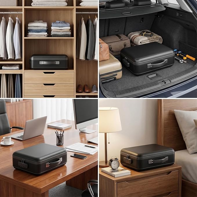 novelinks Fireproof Document Box with Lock, Hard-Shell Portable Waterproof File Box, Travel Accordion File Folder, Home Office Safe File Organizer for Important Documents, Laptop, Passports, Black
