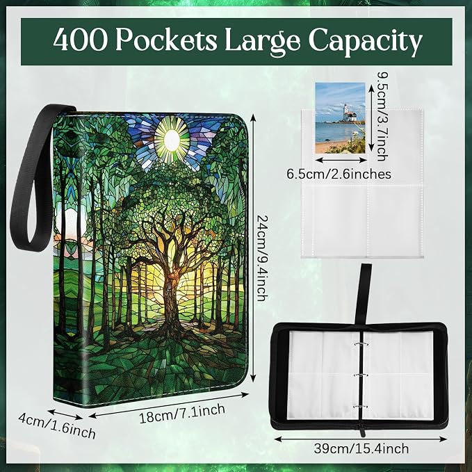 Card Binder 4/9 Pocket PU Waterproof Trading Binder Compatible with Mtg/ygo/tcg for 400/900 Portable Album Holder with Zipper Wristband Card Organizer(Forest Style,9.8 x 7.7 x 2 Inch)
