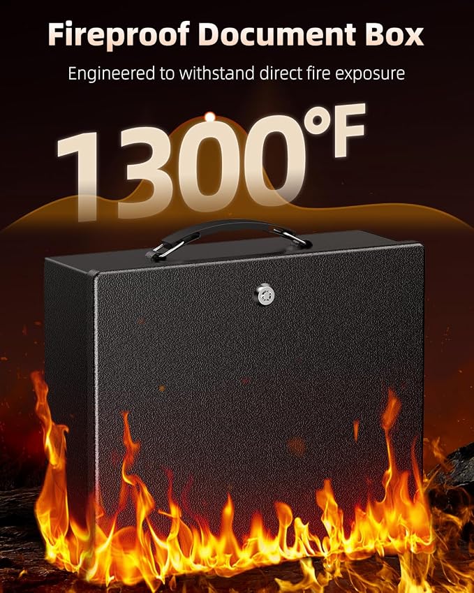 Uniclife Fireproof Document Box with Key Lock & Handle, 13" x 10.9" x 4.1" | Water-Resistant, Large Metal Lock Box for A4 Paper, Safe Box for Valuables, Passports & Cash