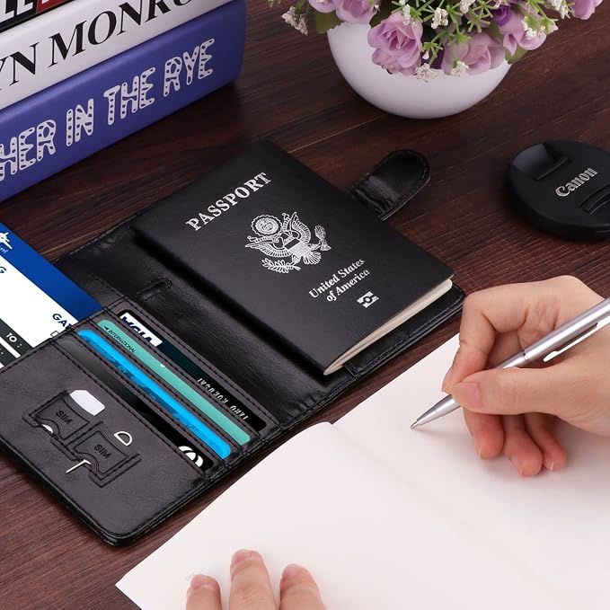 WALNEW Passport Holder for Travel, RFID Passport Wallet, Travel Essentials | PU Leather Passport Cover Case with Pen Holder, Travel Must Haves Accessories, Passport Book Holder for Women Men