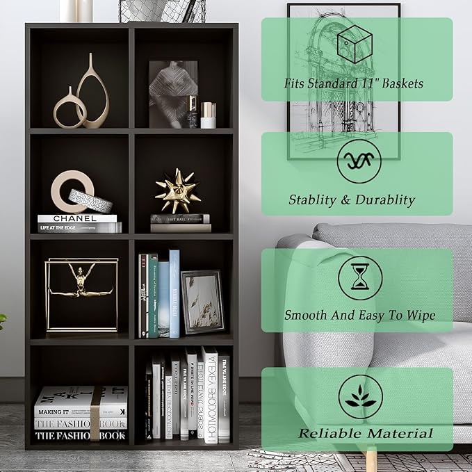 OSCHF 8-Cube Storage Shelf Bookcase - Wooden 4-Tier Floor Standing Open Bookshelf, Modern TV Stand up to 55 Inchs for Home and Office, Black