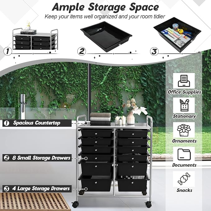 COSTWAY 12-Drawer Rolling Storage Cart, Moveable Art Craft Organizer | Lockable Wheels, Metal Shelf, Files Arrangement Tools Makeup Storage Cart for Office, Home, School (Black)