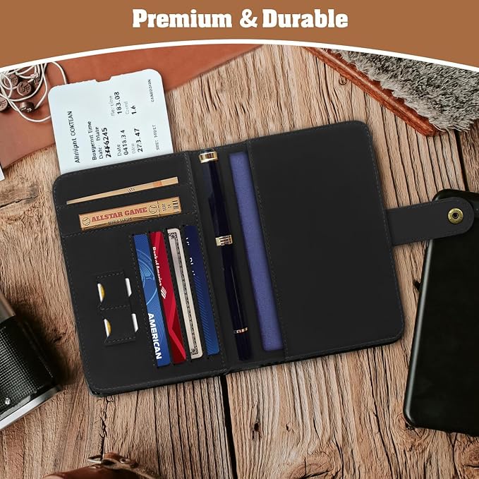 Jack&Chris Genuine Leather Handmade Passport Holder For Travel, RFID Blocking Passport Holder with Card Slots, Travel Essentials wallet with Pen Holder for Women and Men for Gifting, Black