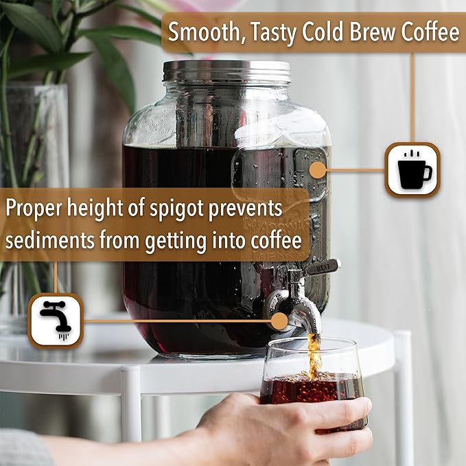 BTaT- 1 Gallon Cold Brew Coffee Maker, Thick Glass Pitcher with Stainless Steel Filter | Stainless Steel Filter, Lid & Spigot Iced Coffee Sun Tea Brewer Mason Jar Cold Brew Container Fast Iced Tea Maker for Fridge