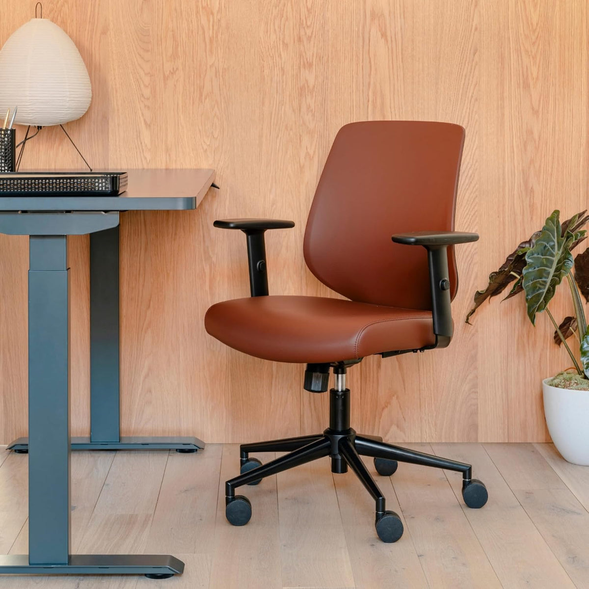 Branch Daily Chair - Vegan Leather Office Chair with Swivel, Lumbar Rest, and Adjustable Armrests - Comfortable Seating for Improved Posture and Productivity - Mahogany