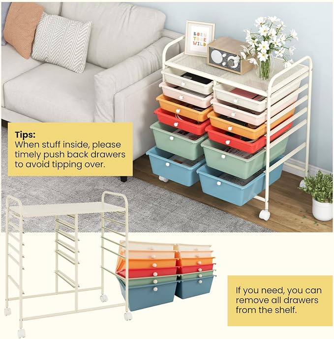 COSTWAY 12-Drawer Rolling Storage Cart, Moveable Art Craft Organizer | Lockable Wheels, Metal Shelf, Files Arrangement Tools Makeup Storage Cart for Office, Home, School (Macaron)