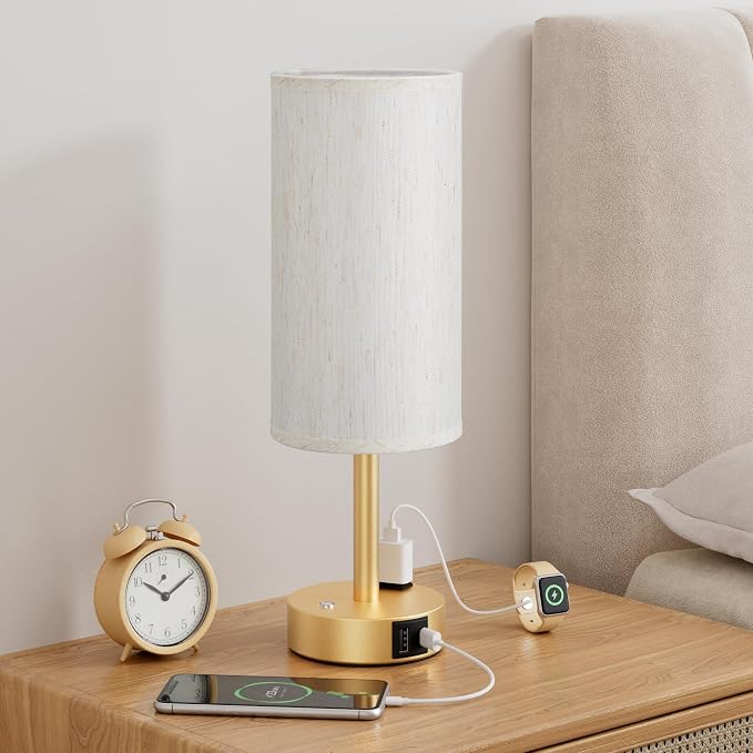 Gold Touch Bedside Lamp for Bedroom, Stepless Dimmable, USB A+C, AC Outlet | Base Touch Button Only, Memory Brightness, Ultra-dim Night Light, Included Bulb for Optimal Dimming, Cream Fabric Shade, Desk