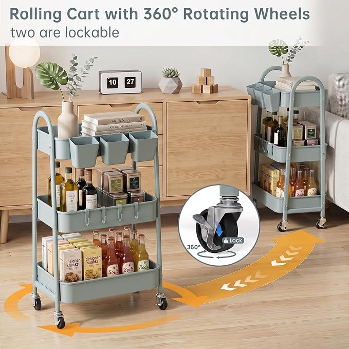3-Tier Rolling Cart, Utility Cart Mobile Metal Rolling Storage Cart with Lockable Wheels & Hanging Cups & Hooks for Kitchen, Bathroom, Office, Workshop, Gray Blue