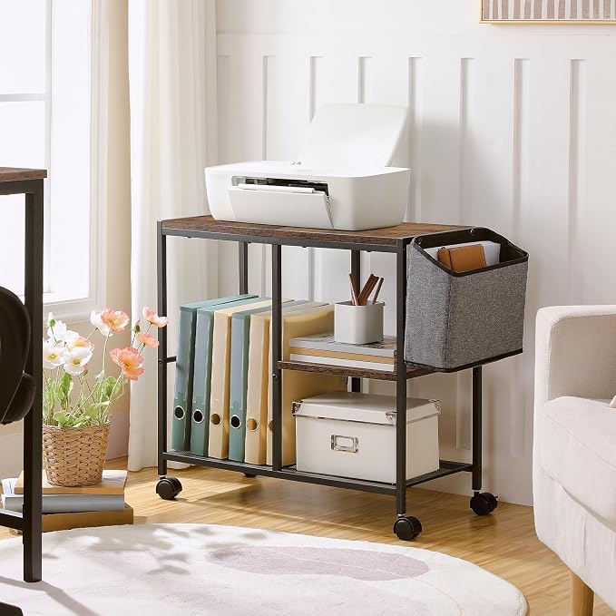MAHANCRIS Printer Stand with Storage Bag, 3-Tier Mobile Under Desk Printer Cart with Wheels, Wood Rolling Printer Table, Organizer Shelf for Study, Office, Living Room, Rustic Brown PTHR2201
