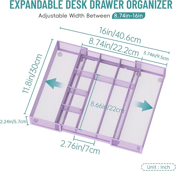 Expandable Desk Drawer Organizer Tray with 10 Adjustable Compartments, Metal Mesh Office Drawer Organizer, Versatile Desk Organizer for Home, School Supplies, Makeup Vanity & Jewelry (Purple)