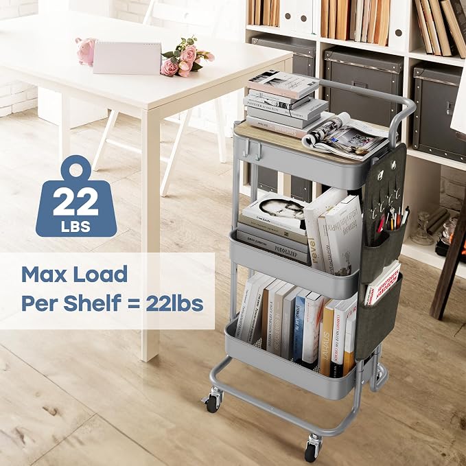 DTK 3-Tier Rolling Cart with Table Top, Metal Utility Cart with Side Bags | Tray Storage Organizer, Lockable Wheels, 4 Hooks, Art Cart for Kitchen, Bathroom, Office, Craft room, Living room,Grey