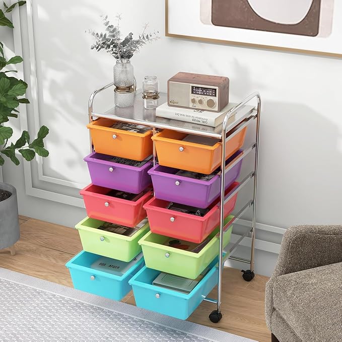 10 Drawer Rolling Cart, Storage Cart Organizer on Wheels, Drawer Cart with Metal Frame & Large Storage Capacity, Rolling Cart with Drawers for Living Room Classroom, Office