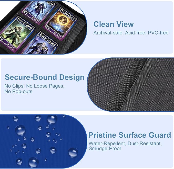 BYSTER 4 Pocket Card Binder, Premium PU Trading Card Binder with Zipper, 160 Capacity Side-Loading Binder for TCG, MTG, Sports Cards, Game Cards, Blue