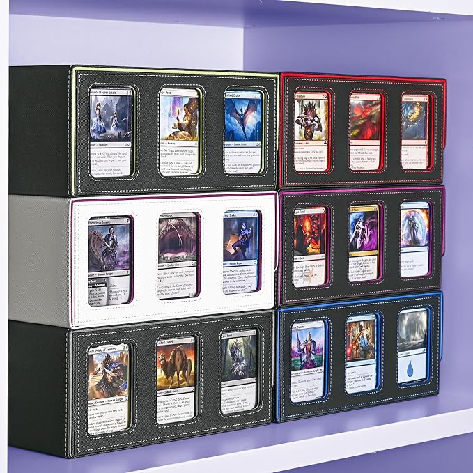 UAONO Card Storage Box for Trading Cards, 1800+ Commander Deck Box for MTG with Display Window, Toploader Card Case fits Magic TCG PTCG Sports Cards; 10 Removable Divider, 3 Stoppers (Black, Red)