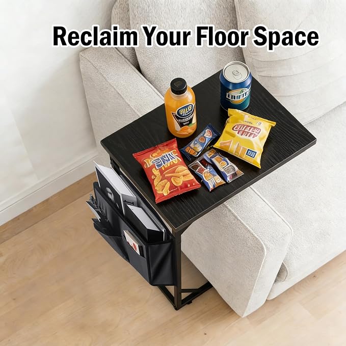 C Shaped End Table for Couch, Small Side Table for Living Room & Bedroom, Slide Under Sofa Table for Laptop, Coffee, Snacks, Easy Assembly, Modern Design
