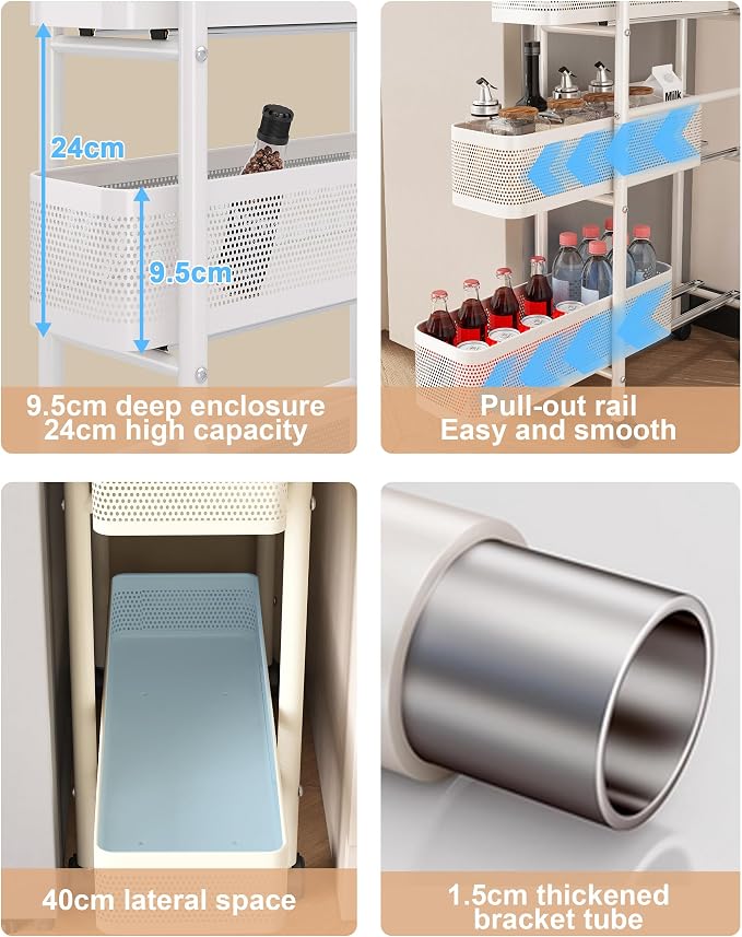 UMDONX 5-Tier Narrow Mobile Storage Cart with Pull-Out Baskets | The Multifunctional Pull-out Storage Rack Is Suitable for Bathrooms, Kitchens, and Laundry Rooms
