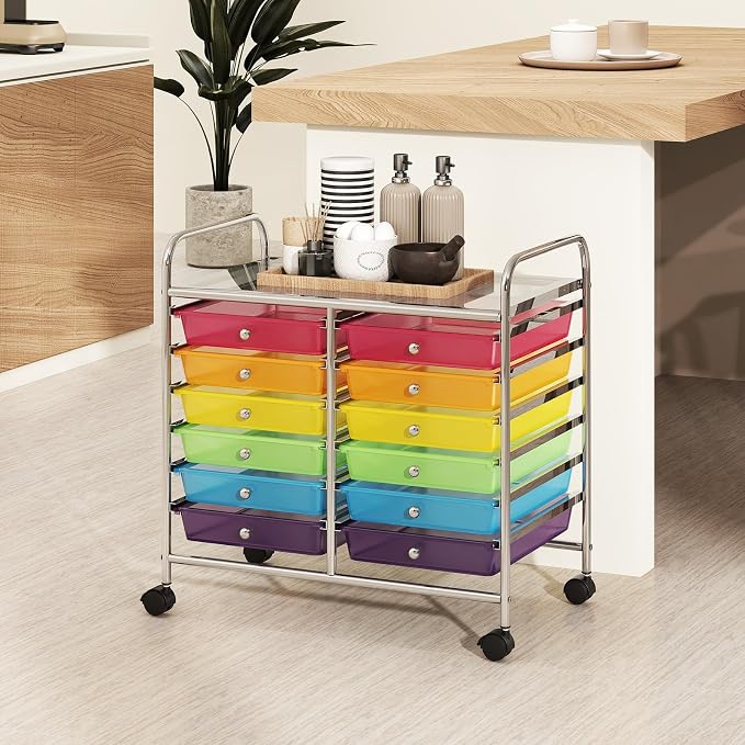 RELAX4LIFE 12-Drawer Rolling Storage Cart - Mobile Utility Cart on Wheels for School Classroom Teacher Office Salon, Paper File Art Supply Craft Organizer, Rolling Cart with Drawers (Rainbow)