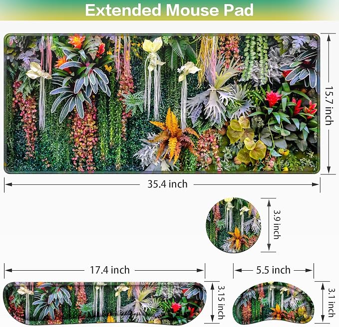 Desk Mat Floral, Large Gaming Mouse Pad with Wrist Rest 4in1 XXL | Mousepad+Keyboard Wrist Rest+Mouse Pad Wrist Support+Cup Coaster Set Ergonomic Computer Desk Arm Wrist for Decor Office Women