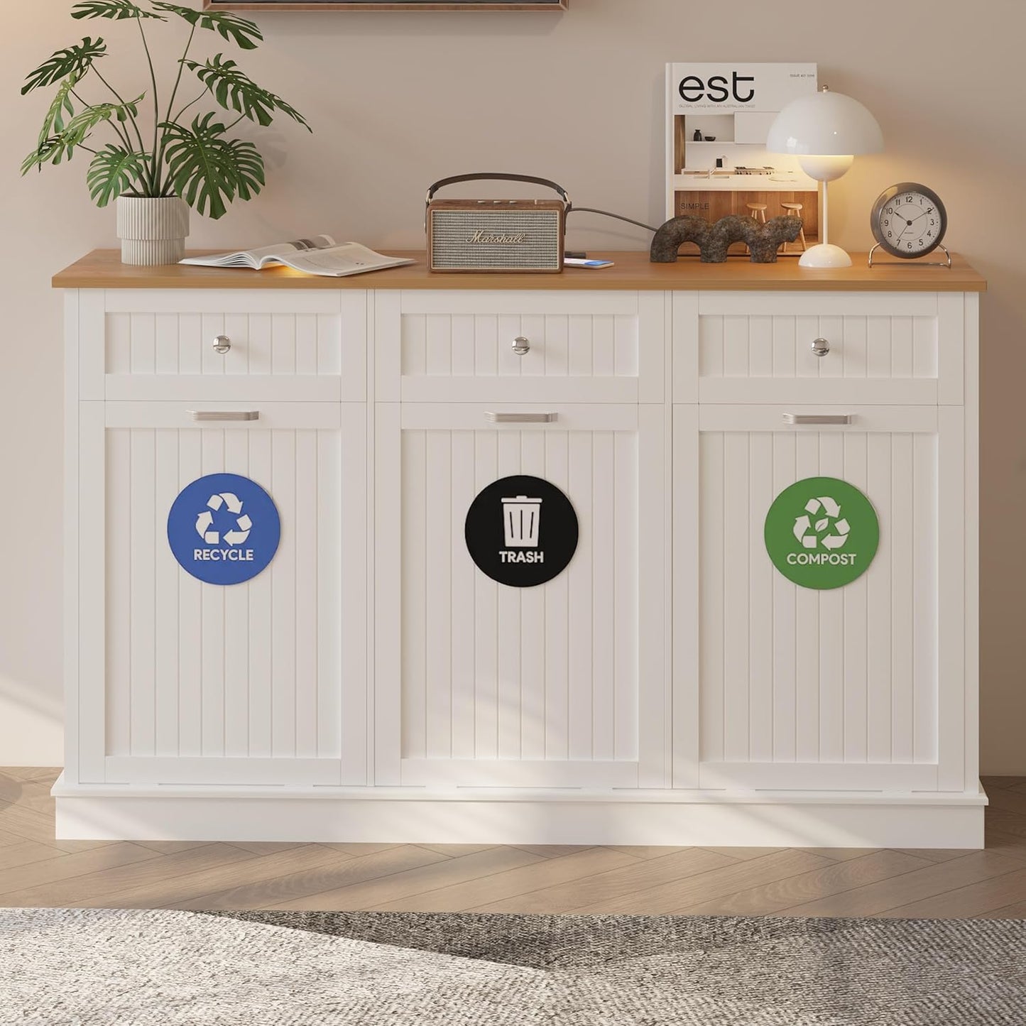 30 Gallon Tilt Out Trash Cabinet, Wooden Kitchen Trash Can Cabinet with Hideaway Drawer, Freestanding Laundry Hamper Garbage Recycling Cabinet on Wheels, Pet Proof, Triple, White