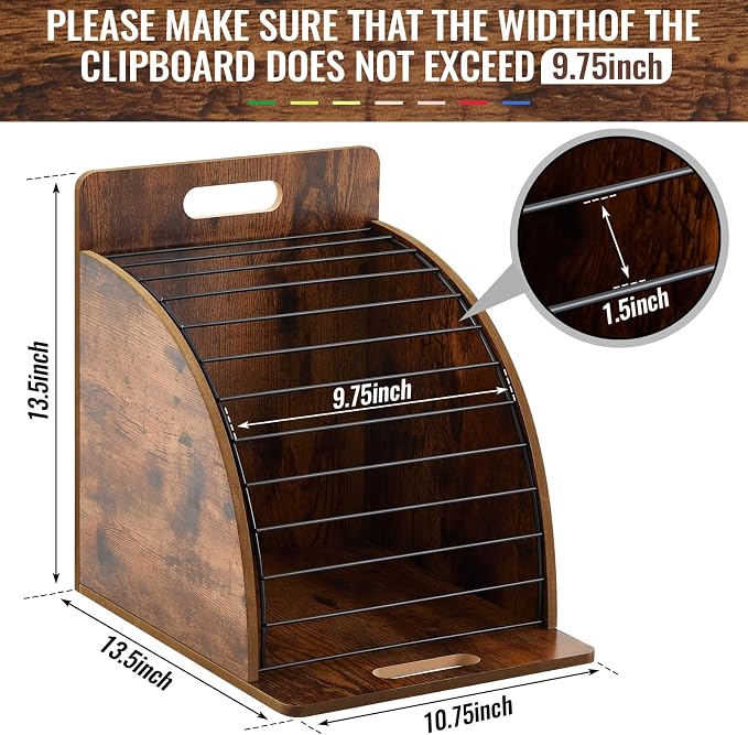 Wonderjune 1 Pack Clipboard Holder Wooden Metal Clipboards Storage Rack with Raised Side Panel, Back to School Supply for Classroom Office School Teacher, Clip Boards Not Included(Black Vintage)