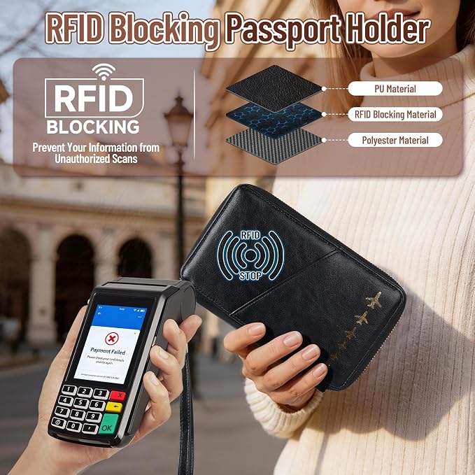 Family Passport Holder for 4 Travel RFID Blocking Passport Holder | With Clear Passport Cover, Anti-Theft, PU Material, Travel Document Organizer, Grey