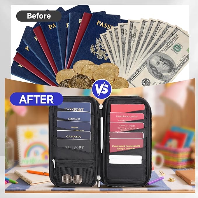 WALNEW Passport Holder Travel Family for 10, RFID Blocking Passport Wallet | Travel Documents Organizer with Zipper, for Cards, Cash, Boarding Passes, Tickets, International Travel Essentials