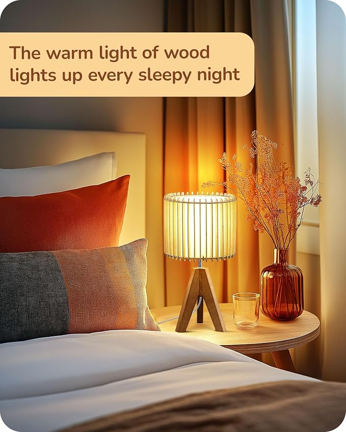 EDISHINE 14.17" Small Table Lamp, Wood-Colored Hollow Shade, E26 Base | Wood Tripod Bedside Lamp, Boho Nightstand Lamp for Bedroom, Living Room, Office, Study