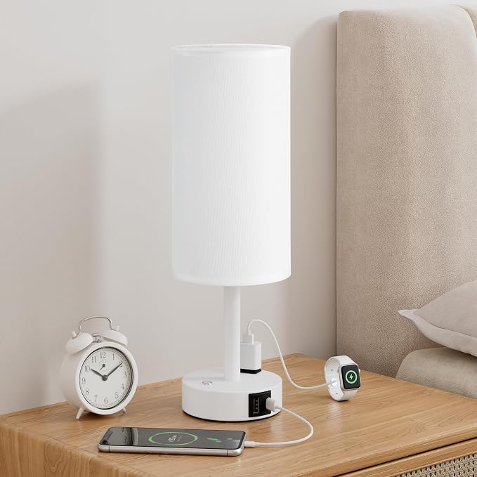 White Touch Bedside Lamp for Bedroom, Stepless Dimmable, USB A+C, AC Outlet | Base Touch Button Only, Memory Brightness, Ultra-dim Night Light, Included Bulb for Optimal Dimming, White Lamp Base, Nursery