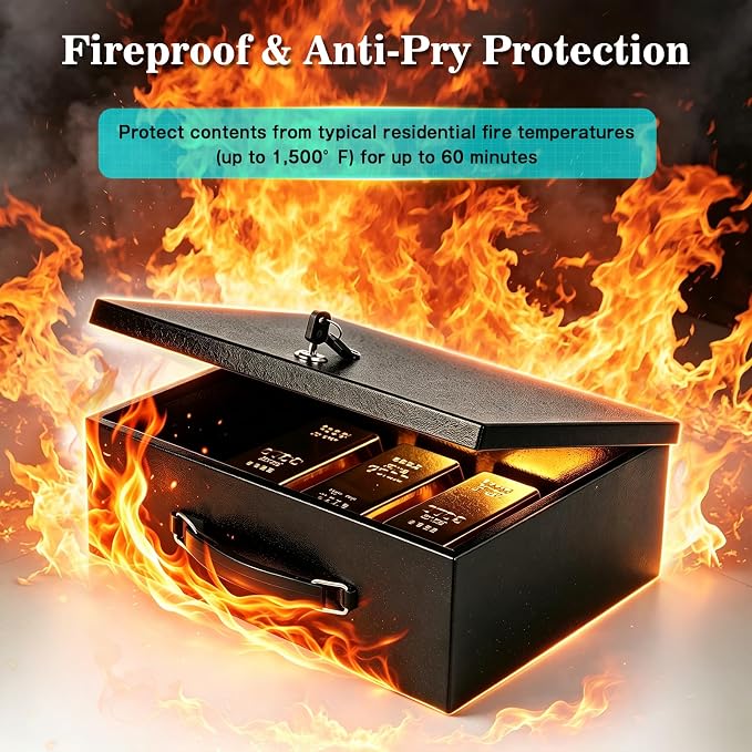 xydled Fireproof Document Box with Key Lock, Fire Safe Box, Black | Fire and water resistant lock box for documents, passports, cash and valuables, keeping secure at home, 13.2 x 11 x 5.1 Inch