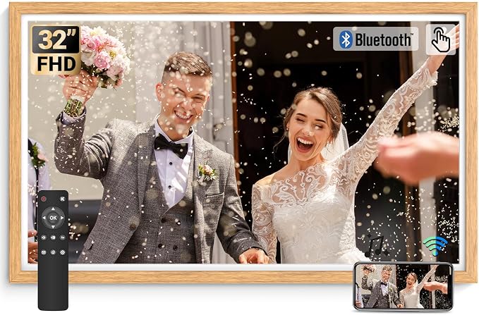 BSIMB 32 Inch Large Digital Picture Frame, Touchscreen 64GB 1920x1080 WiFi Photo Frame Electronic Display Remote Control, Share Pictures/Videos via Free App/USB/SD Easy Setup Gifts for Mom, Light Wood