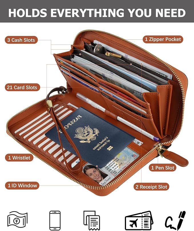 Large Travel Wallet for Women | RFID Blocking Zipper Wallet,Passport Holder Clutch with Wristlet