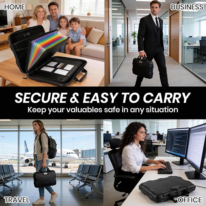Fireproof Document Box, Hard Case Fireproof File Organizer Box with Lock and 13 Pocket Accordion File Folder, Portable Safe Box for Office Storage Important Documents (With Out Shoulder Strap, Black)