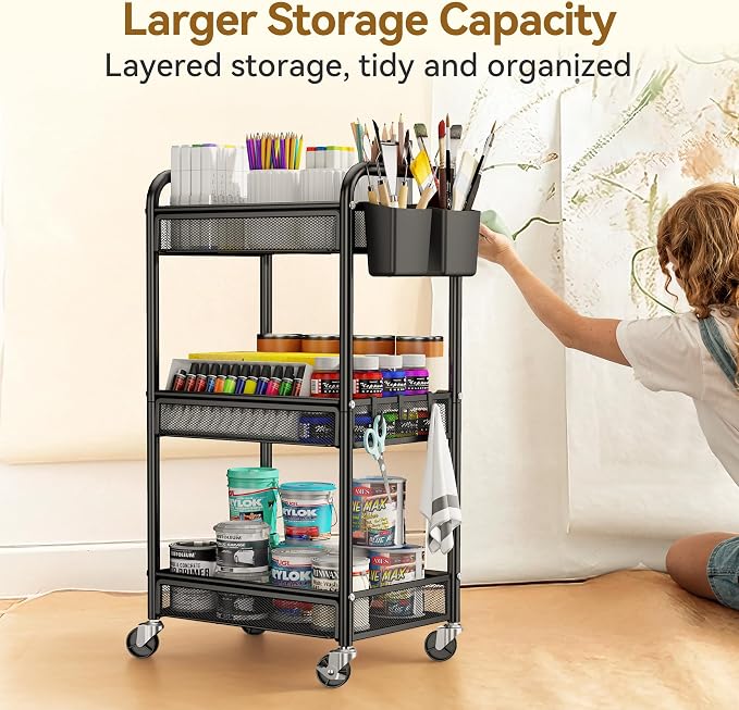 3 Tier Metal Rolling Cart, Black Utility Storage Cart with Wheels | Metal Mesh Craft Cart With Hooks & Hanging Cups, Ideal For Kitchen, Bathroom, Office, Dorm, Art Workspace, Bedside Storage